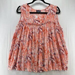 Basic Editions Tank Top Womens Sz L Tropical Shirred Crinkle Sleeveless Orange
